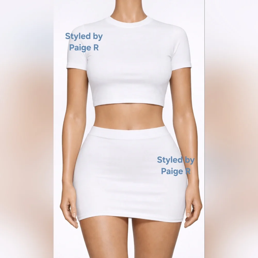 ⛱️ NWT SKIMS 2 Piece Swim Tee Shirt Top & Swim Tube Skirt Set White MARBLE 3X